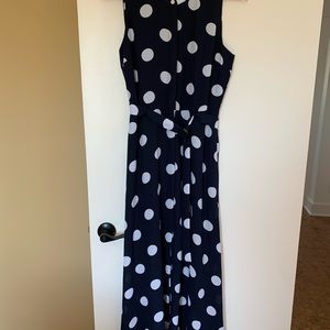 Banana Republic Navy Blue w/white polka dots sleeveless maxi dress.